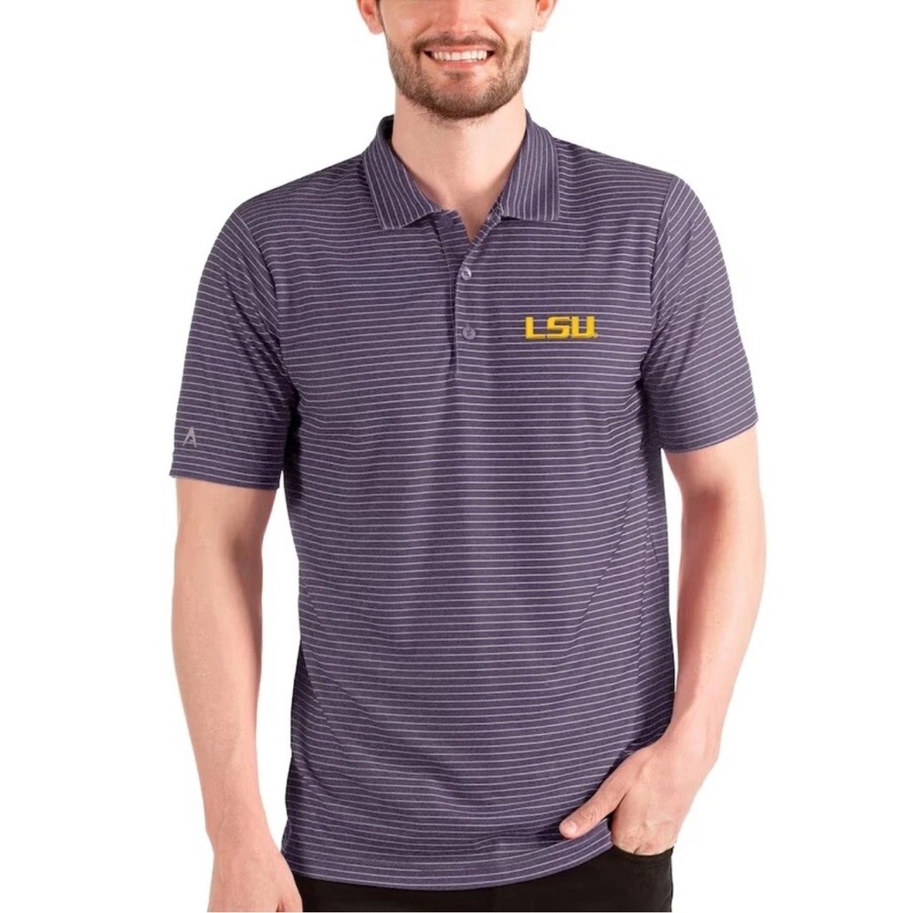 Antigua Purple Striped Polo with Gold LSU Chest Logo